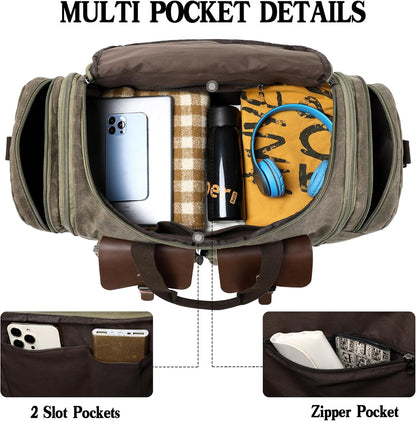 Waxed Canvas Duffle Bag for Men 50L Travel Duffel Bags Expandable Genuine Leather Duffel Overnight Weekender Carry On Bag Two Zipper Pockets Travel Bag (Vintage Grey, Large-50L)