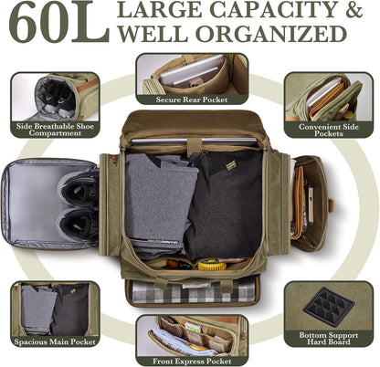 SHOWKOO Duffle Bag for Travel 60L Expandable Canvas Travel Bag Durable Vintage Weekender Overnight Carry On Bag for Men(Army Green)