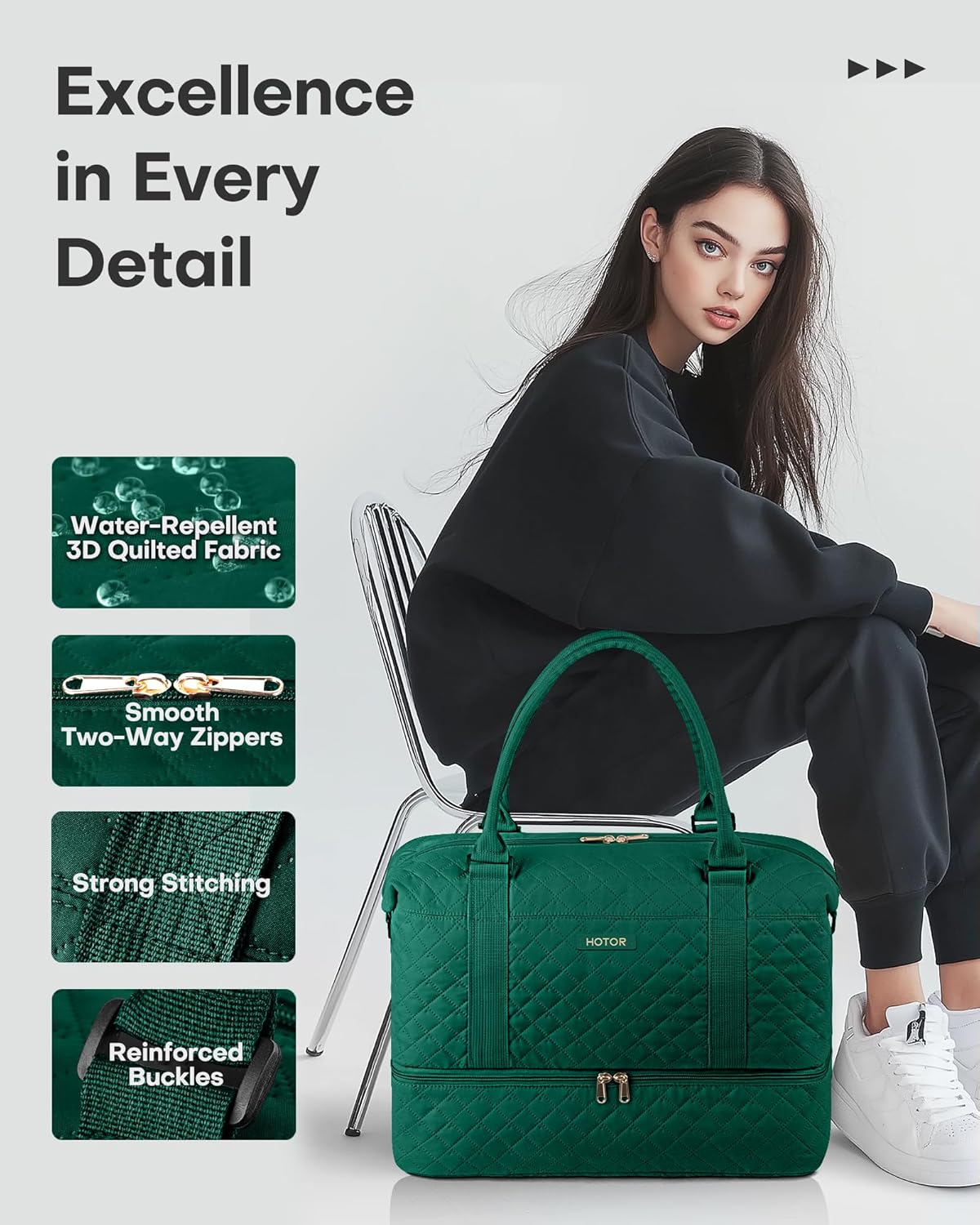 HOTOR Travel Duffel Bag - Weekender Bags for Women, Carry On Overnight Bag with Shoe Compartment, with Toiletry Bag for Travel Essentials and Travel Accessories, Dark Green, 13.4"×17.3"×7.9"