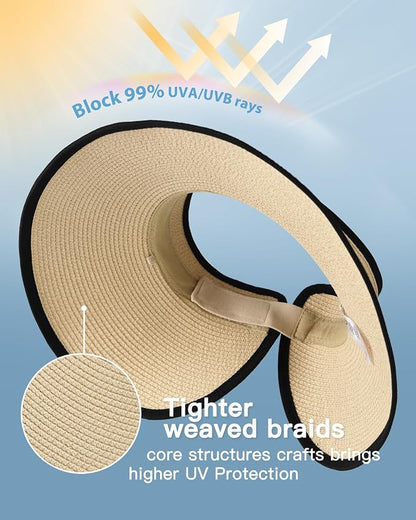 FURTALK Sun Hats for Women Wide Brim Beach Hat Straw Visor Ponytail Summer UV - Image 2