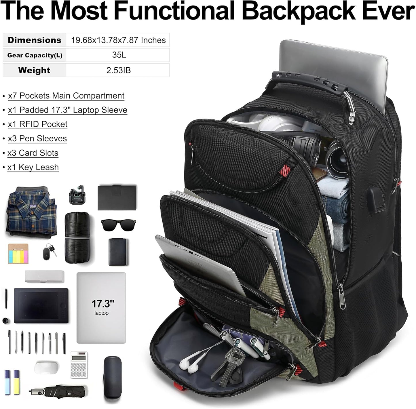 Boavan Laptop Backpack for men, 17.3 inch Laptop Bag with USB Port, Waterproof Travel Work Backpack Purse, Anti-Theft Teacher Nurse Doctor Casual Bookbags Office Business backpack，Black&Army Green