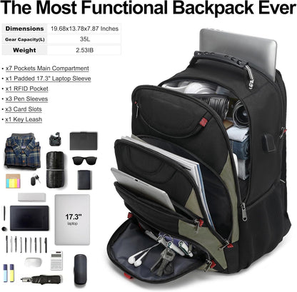 Boavan Laptop Backpack for men, 17.3 inch Laptop Bag with USB Port, Waterproof Travel Work Backpack Purse, Anti-Theft Teacher Nurse Doctor Casual Bookbags Office Business backpack，Black&Army Green