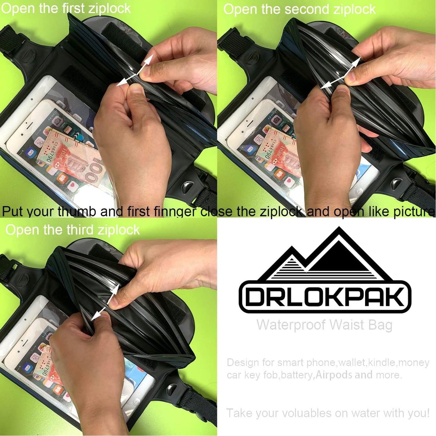 DRLOKPAK Waterproof Waist Bag Pouch Fanny Pack Bum Bag with Secret Holder Keeps Your Phone Kindle Wallet Watch & Valuables Dry - Perfect for Surf Canoe Swim Snorkel Dive Beach Pool(Black)