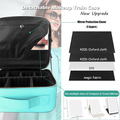 MOMIRA Travel Makeup Bag Cosmetic Bag Makeup Organizer Bag with Lighted Mirror, Adjustable Brightness in 3 Color Scenarios, Waterproof Makeup Train Case, Gift for Women - Aqua Blue