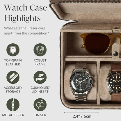 TAWBURY Luxury Leather Watch Box - Unisex Travel Case With Zipper Closure | Taupe Top-Grain Genuine Leather Roll | 3 Watch Carrying Case for Men