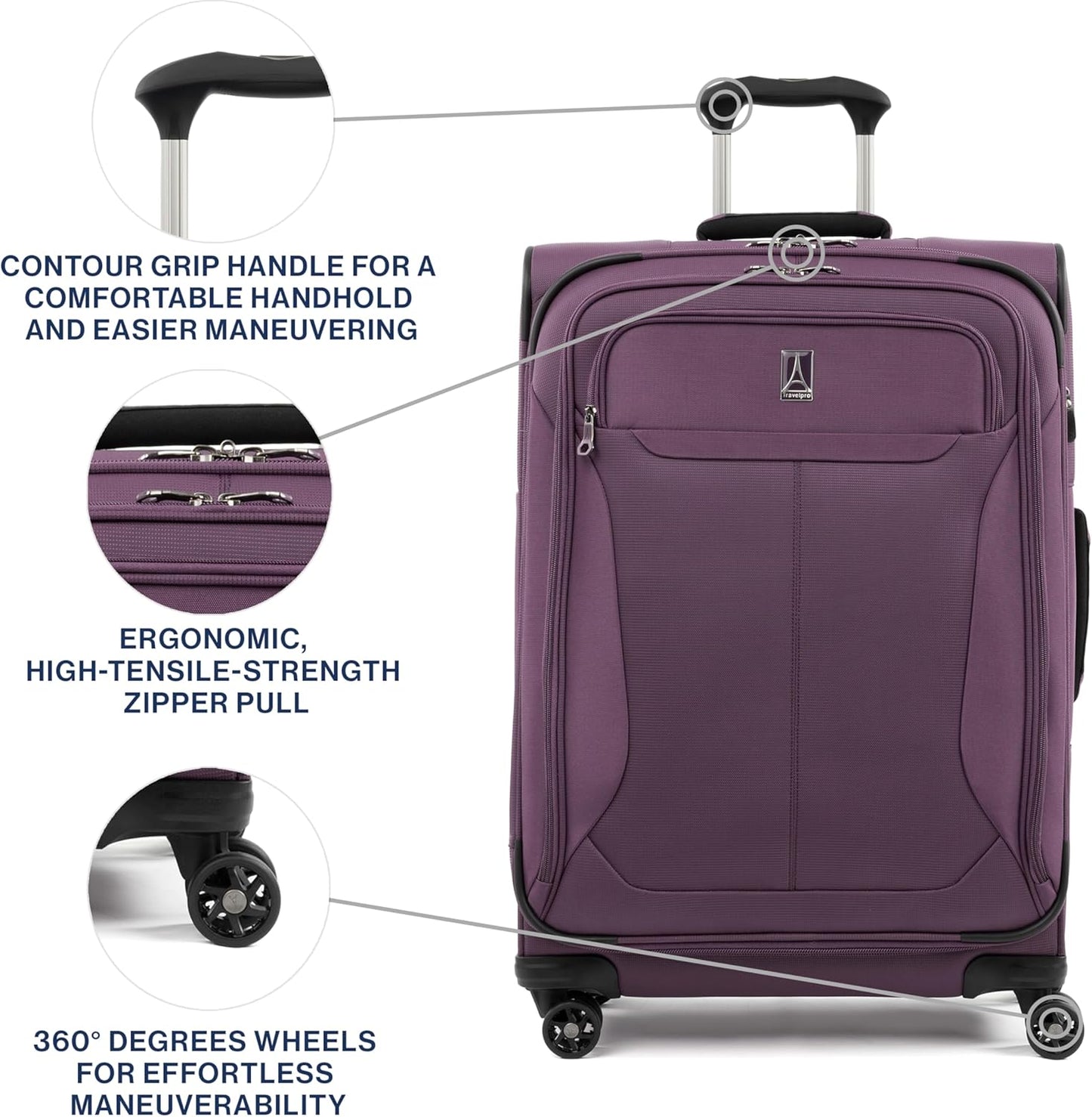 Travelpro Tourlite Softside 25" Expandable Luggage with 4 Spinner Wheels, Lightweight Suitcase, Checked Medium, Deep Purple