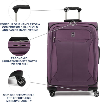 Travelpro Tourlite Softside 25" Expandable Luggage with 4 Spinner Wheels, Lightweight Suitcase, Checked Medium, Deep Purple