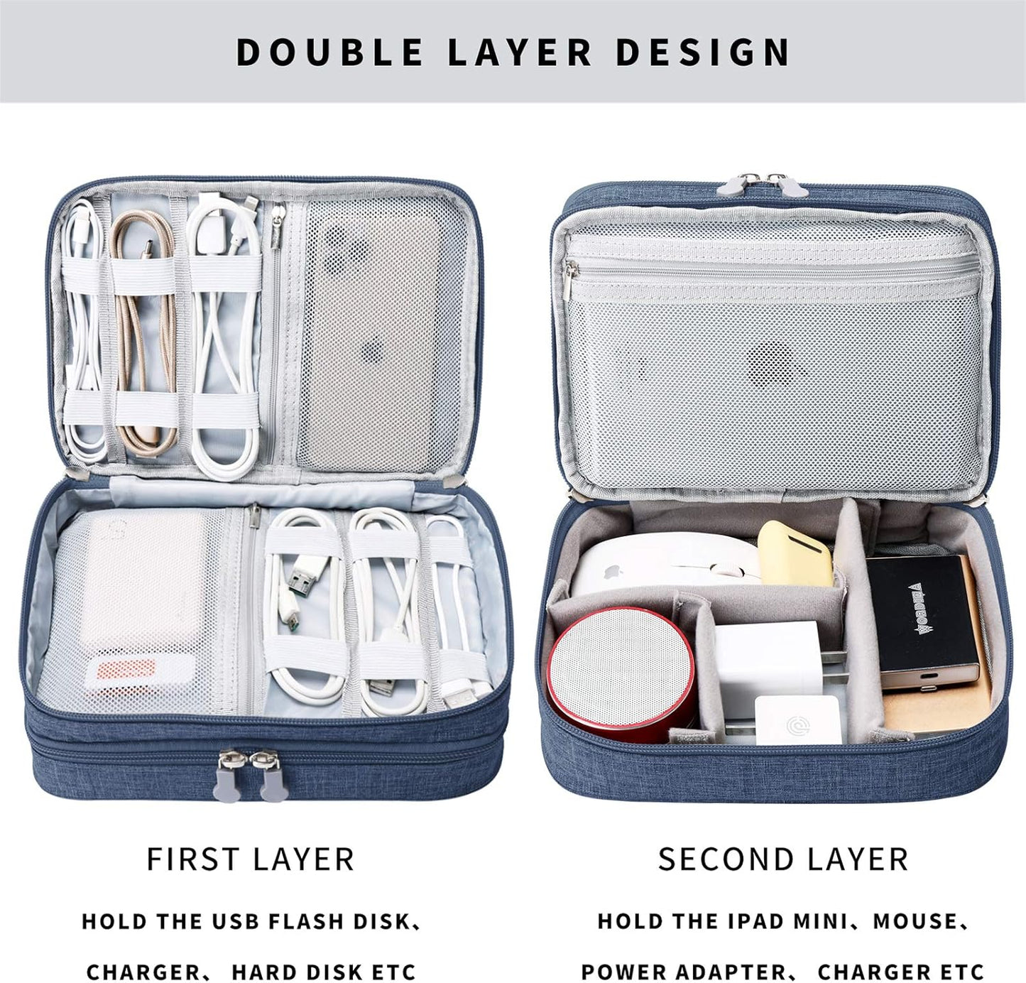 Lanola Travel Cable Organizer Bag, Electronic Accessories Case Portable Double Layer Cable Storage Bag for Cord,phone,Charger, Flash Drive, Phone, SD Card,Personal Items - (Dark Blue)
