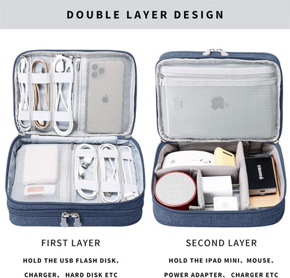Lanola Travel Cable Organizer Bag, Electronic Accessories Case Portable Double Layer Cable Storage Bag for Cord,phone,Charger, Flash Drive, Phone, SD Card,Personal Items - (Dark Blue)