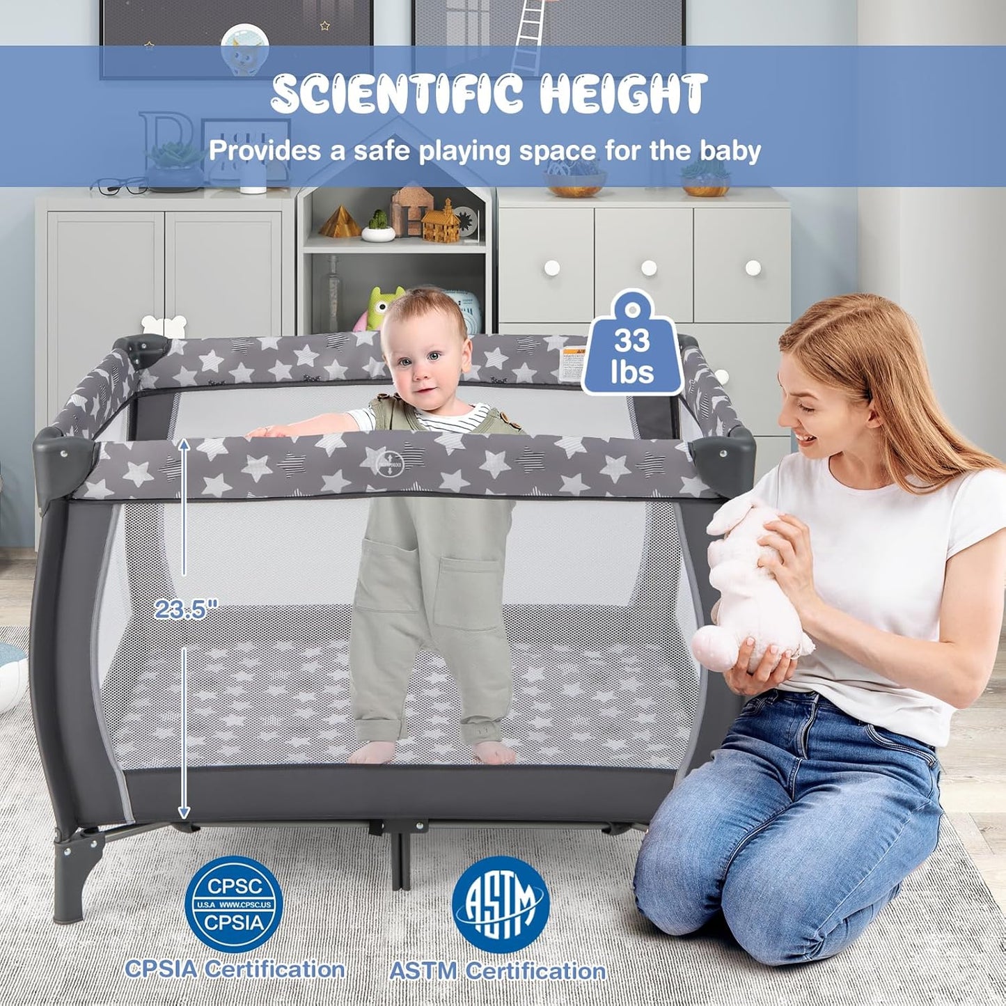 HONEY JOY Pack and Play, 3 in 1 Portable Baby Playard with Bassinet, Changing Table, Lockable Wheels, Music Box, Foldable Travel Baby Crib Nursery Center from Newborn to Toddler (Star Gray)