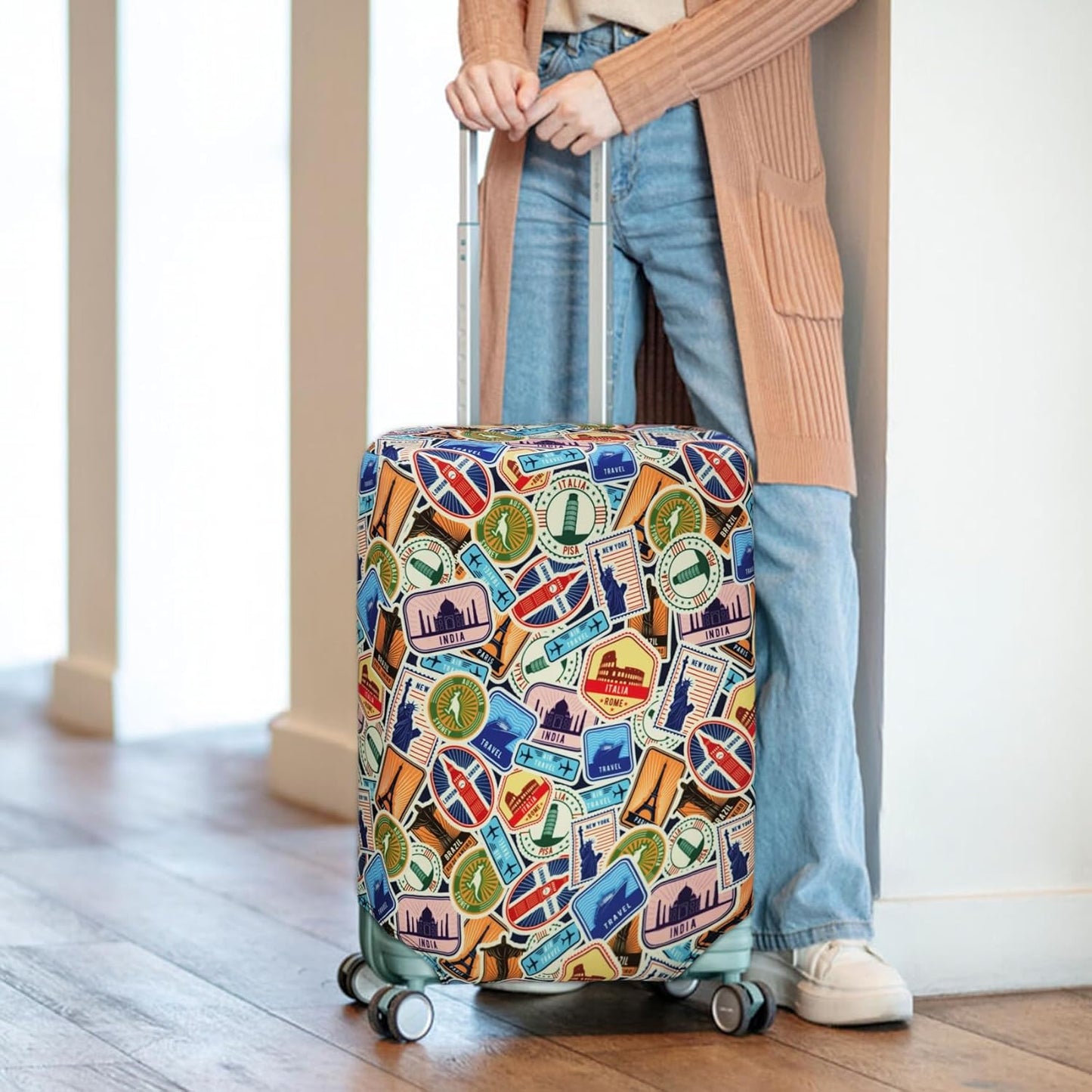 HYPER VENTURE Washable Luggage Cover - Fashion Suitcase Protector Fits 23-26 Inch Luggage (World Voyage, M)