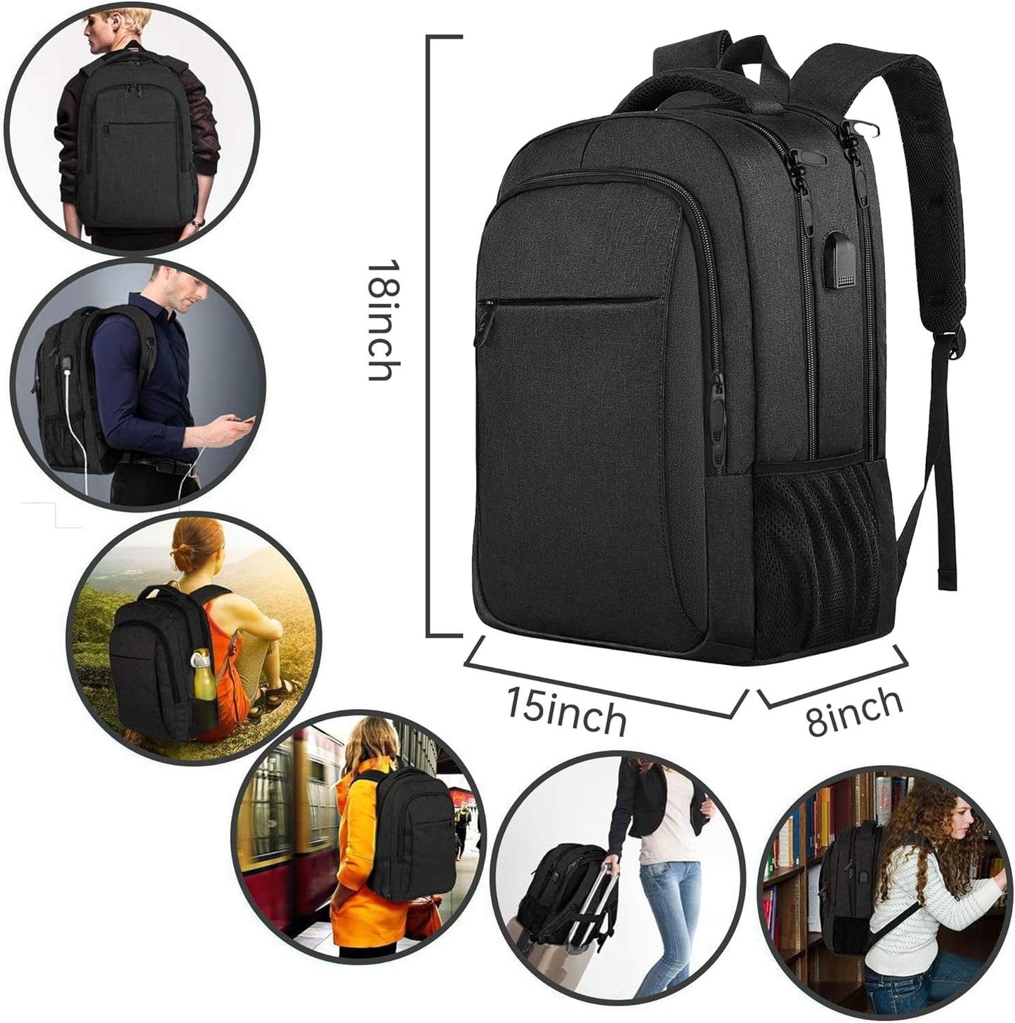 Large Travel Laptop Backpack, Business Anti Theft Slim Sturdy 18 Inch Laptops Bag with USB Charging Port, Waterproof College Computer Bag Gift for Men & Women Fits 18 Inch Notebook, Black