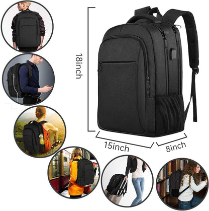 Large Travel Laptop Backpack, Business Anti Theft Slim Sturdy 18 Inch Laptops Bag with USB Charging Port, Waterproof College Computer Bag Gift for Men & Women Fits 18 Inch Notebook, Black