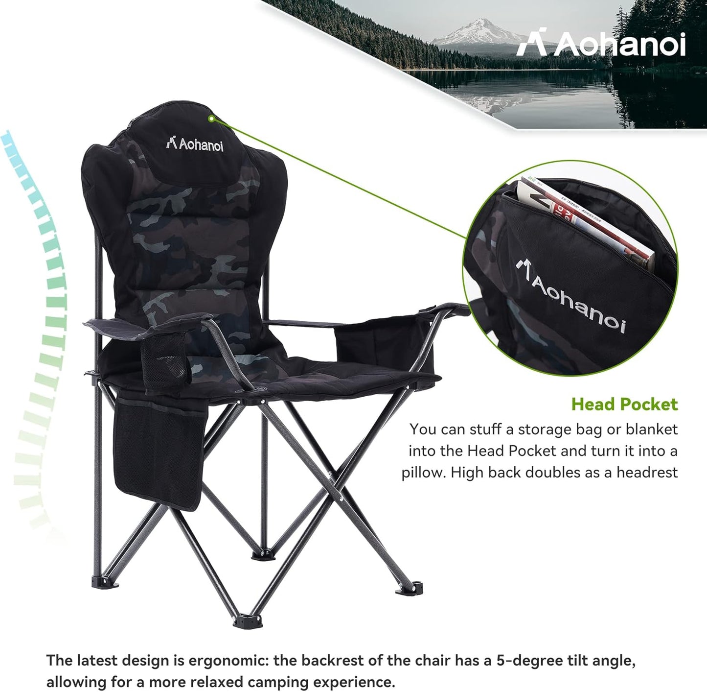 Camping Chairs, Outdoor Folding Chairs 2 Pack for Heavy People, Folding Chairs for Outside, Camp Chairs with Cup Holder & Cooler Bag, Supports up to 300lbs (2 Pcs, Camo)