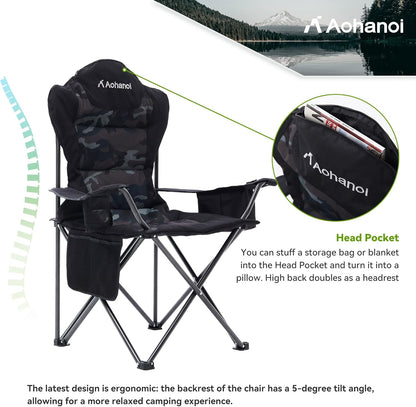 Camping Chairs, Outdoor Folding Chairs 2 Pack for Heavy People, Folding Chairs for Outside, Camp Chairs with Cup Holder & Cooler Bag, Supports up to 300lbs (2 Pcs, Camo)