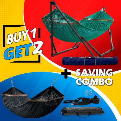 Tranquillo Combo x2 Hammocks with Stand for Outside & Tree Straps, Heavy Duty Hammock with Stand 600lbs for Indoor Outdoor Patio Backyard, x2 Hammocks for 2 Person, Portable Carrying Bags, Peacock