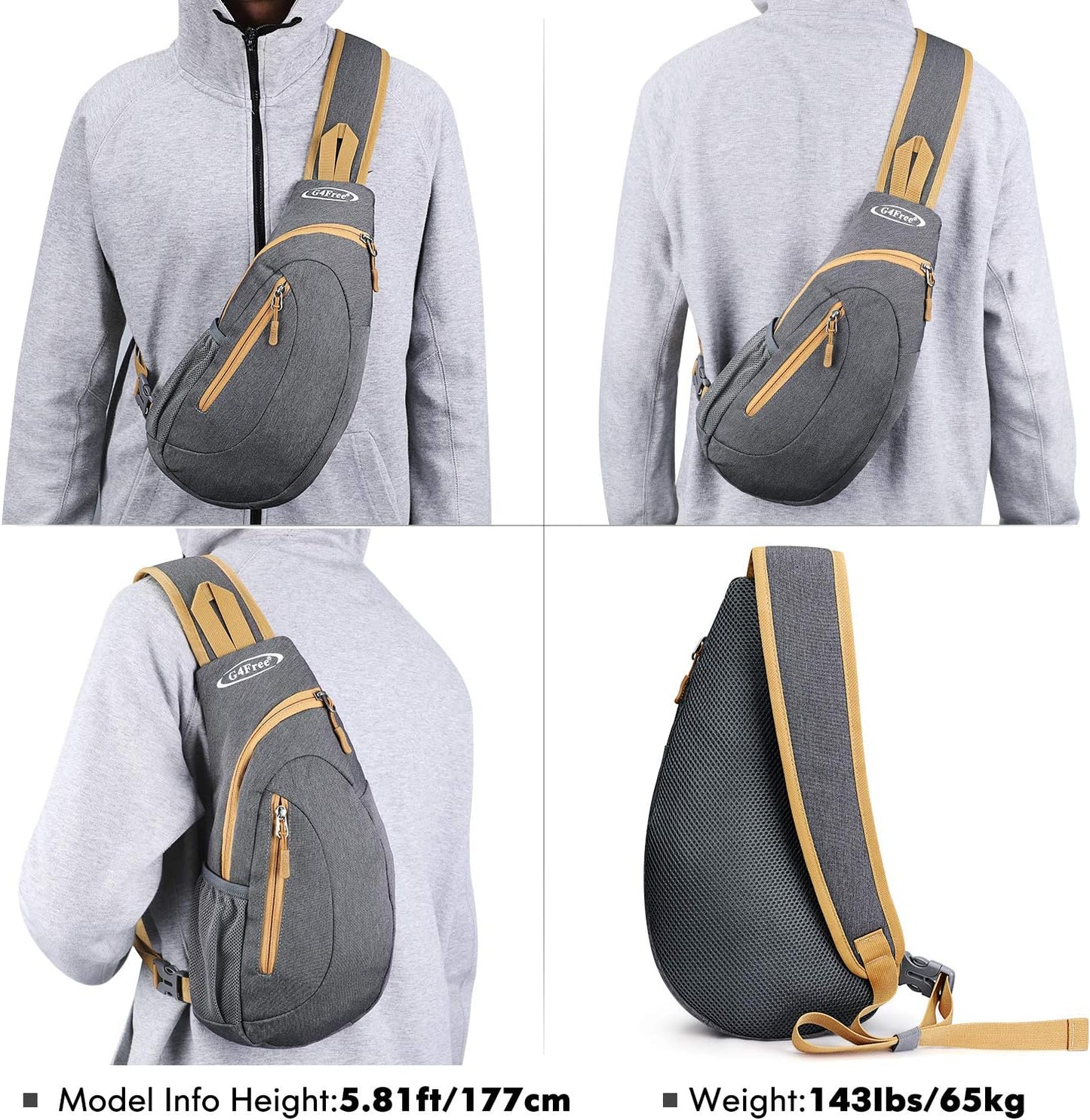 G4Free Sling Bag for Men Women, Small Crossbody Backpack Lightweight Chest Shoulder Bags for Travel, Outdoor and Sports (Grey Yellow)