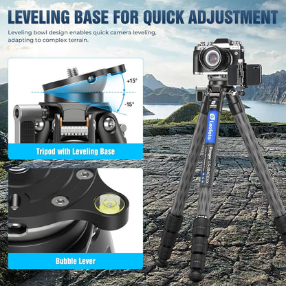 LEOFOTO LS-284CEXX Carbon Fiber Tripod with Leveling Base for Camera, 360° Portable Tripod with 3/8" Screw for Sport Camera/Phone Holder/Projector, A Bubble Level, Folded Length 21.06", Max Load 22LB