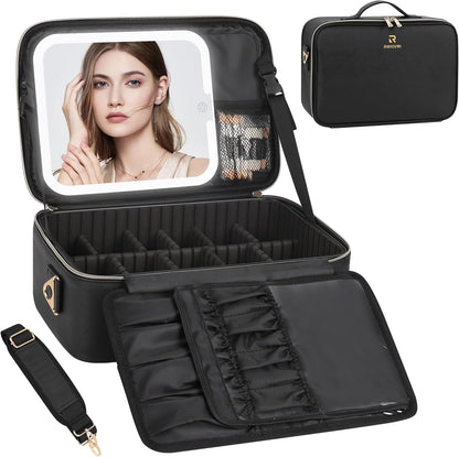 Relavel Makeup Bag with LED Mirror Travel Train Case Large Cosmetic Bags Organizer with Lighted Up Mirror with 3 Color Lights, Adjustable Brightness, Adjustable Dividers and Shoulder Strap (Black)