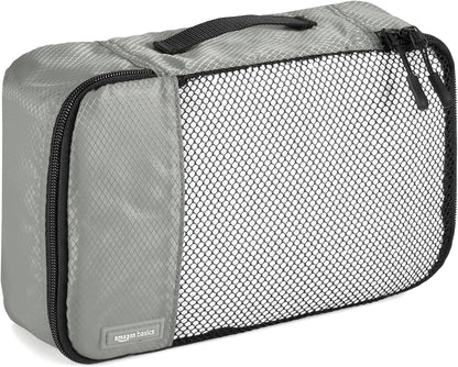Amazon Basics Lightweight Packing Cubes Travel Organizer Set with Double Zipper, Mesh Top, Multiple Sizes, 4 Piece, Gray