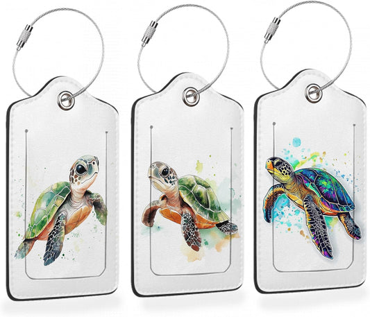 Abstract Colorful Sea Turtle 3 PCS PU Leather Luggage Tags for Suitcase, Luggage Tag with Privacy Flap, Name ID Label and Metal Loop for Women Men Baggage Handbag School Bag Backpack