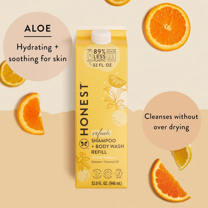 The Honest Company 2-in-1 Cleansing Shampoo + Body Wash Refill Carton | Gentle for Baby | Naturally Derived, Tear-free, Hypoallergenic | Citrus Vanilla Refresh, 32 fl oz