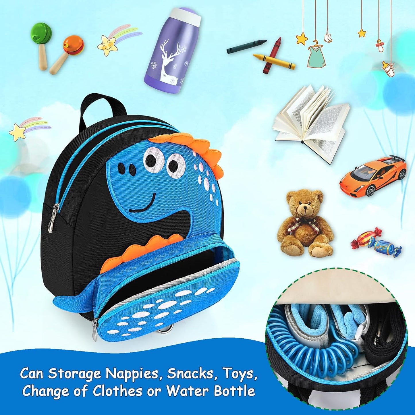 Accmor Toddler Backpack Leash, Cute Dinosaur Kids Harness Backpacks with Anti Lost Wrist Link, Adorable Child Backpack Mini Bag Wristband Tether Strap Leashes for Baby Boys Girls Ages 1-3 Years