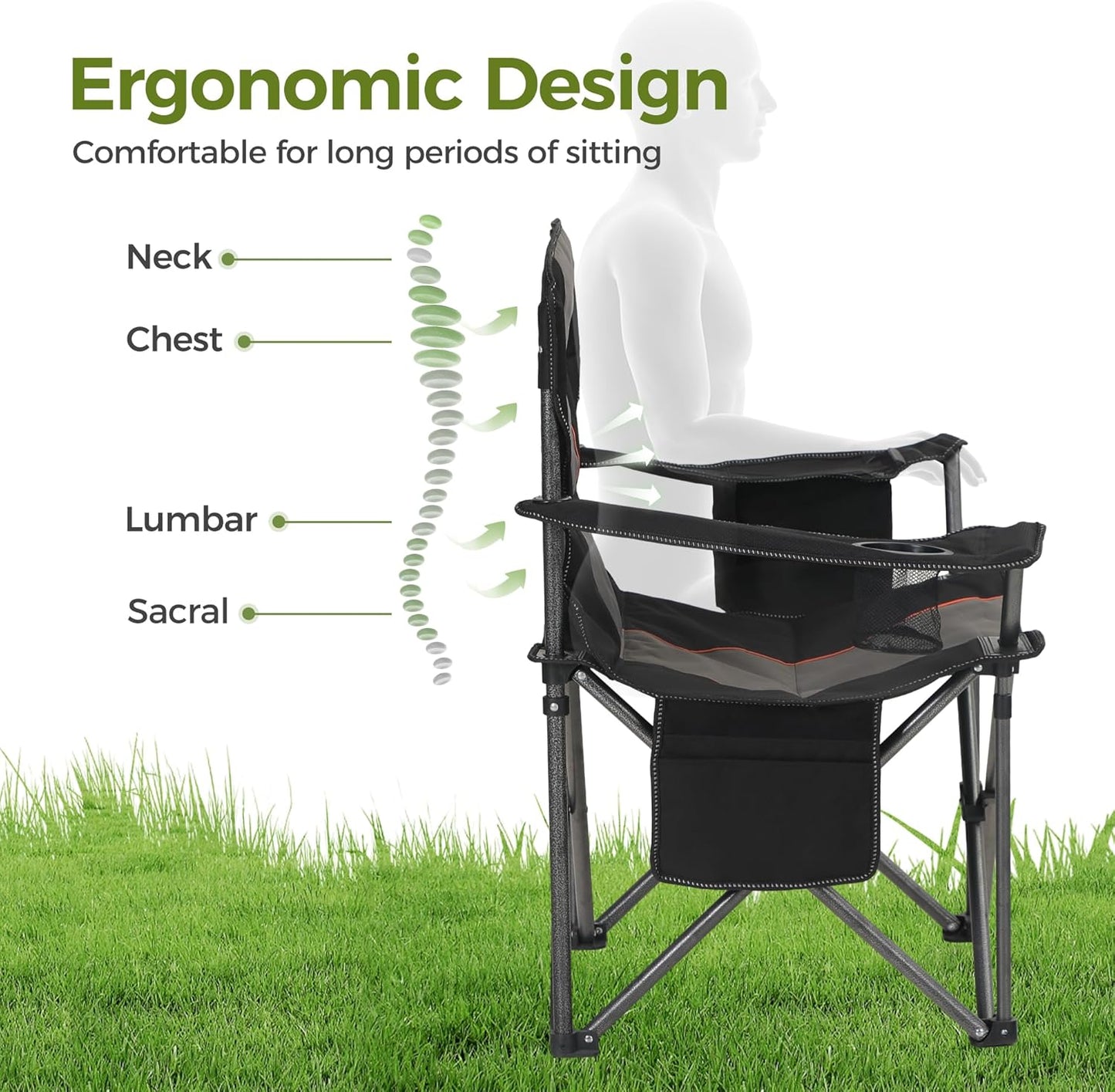 ALPHA CAMP Oversized Camping Chair Heavy Duty Lawn Chair with Cooler Bag Support 450 LBS Steel Frame Collapsible Padded Arm Quad Lumbar Back Folding Chair for Lawn Outdoor