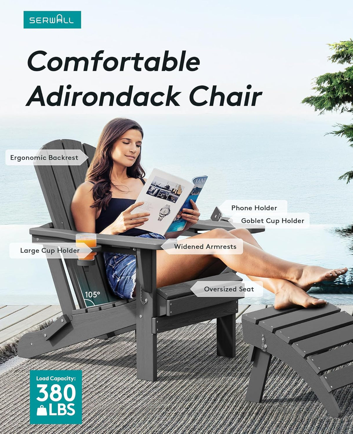 SERWALL Foldable Adirondack Chair Set of 8, Oversized HDPE Adirondack Chair with Wood-Texture-Gray