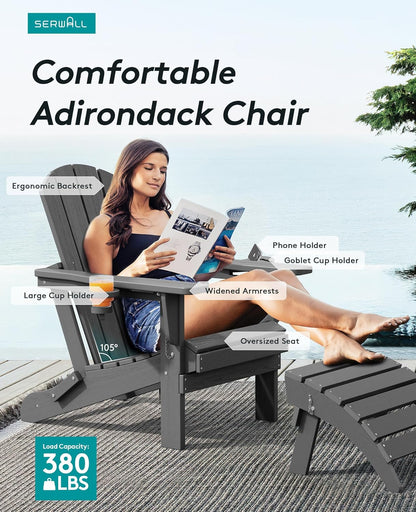 SERWALL Foldable Adirondack Chair Set of 8, Oversized HDPE Adirondack Chair with Wood-Texture-Gray