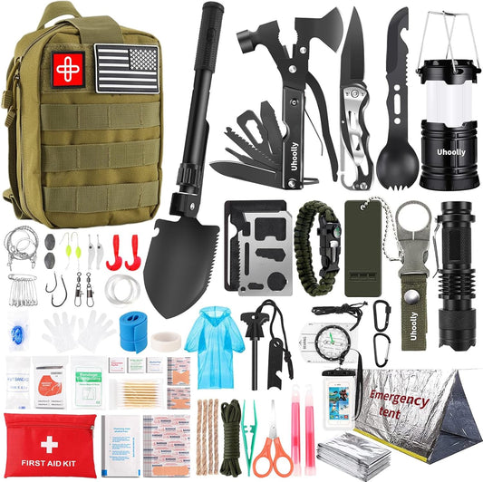 Survival Kit, Gifts for Men Women Teen Boys, 252 pcs Survival Gear and Equipment Mini First Aid Kit for Car Home, Emergency Kit with Molle System for Earthquake, Outdoor Adventure, Car Travel