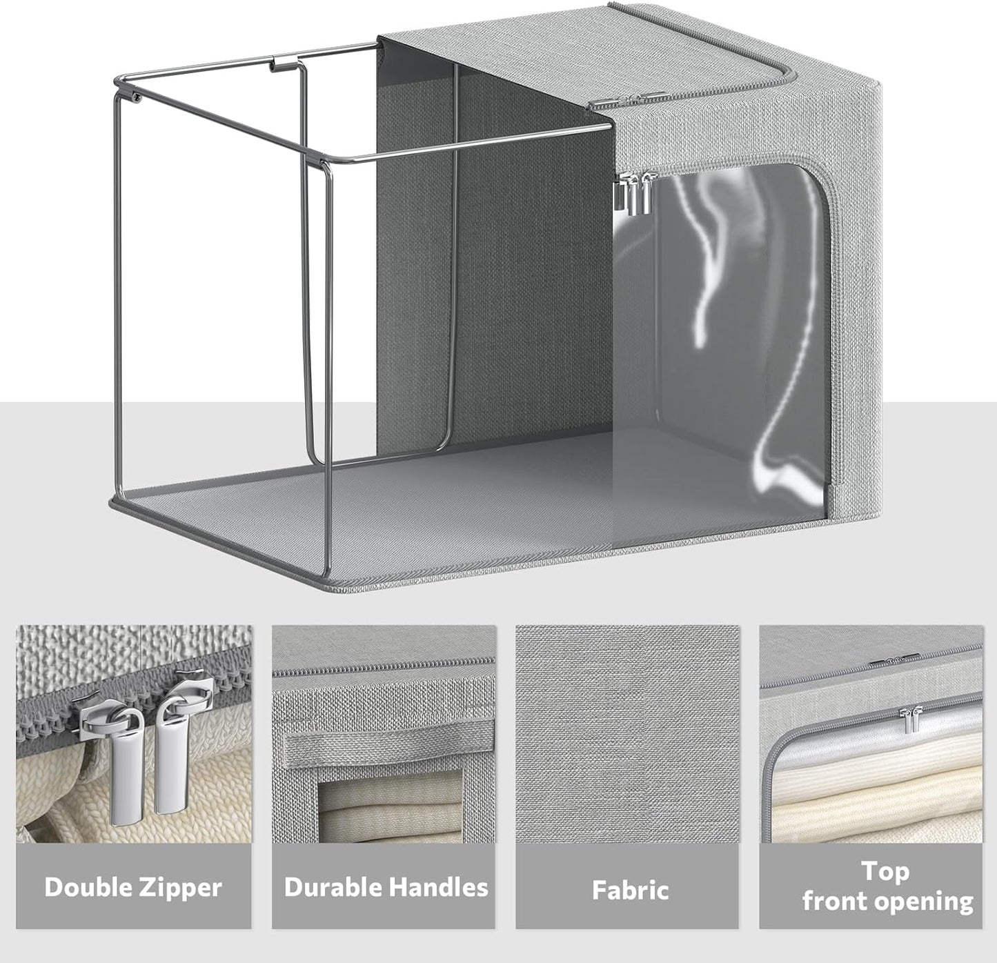 4 Pack Clothes Storage Bins with Metal Frame - Linen Fabric Foldable Stackable Container Organizer Set with Clear Window & Carry Handles & Zippers (Light Grey, 23.6"x16.5"x15.7")