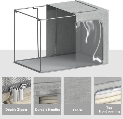 4 Pack Clothes Storage Bins with Metal Frame - Linen Fabric Foldable Stackable Container Organizer Set with Clear Window & Carry Handles & Zippers (Light Grey, 15.7"x11.8"x7.8")