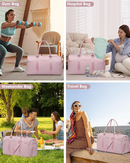 Women Weekender Travel Duffle Bag: Travel Duffel Overnight Bags with Shoe Compartment Large Carry on Tote Bag with Toiletry Bag Weekend Traveling Yoga Gym Hospital for Women with Wet Pocket Pink