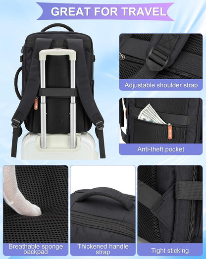 42L Travel Laptop Backpack, Expandable Carry-on Luggage, Anti-Theft Business Weekender Bag with USB Port, 3 Packing Cubes & Shoe Bag (Black)