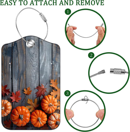2 Pack Luggage Tag for Suitcase Thanksgiving Day Pumpkins Autumn Leaves Leather Suitcase Tags with Privacy Name ID Label and Stainless Steel Loop for Travel Bag