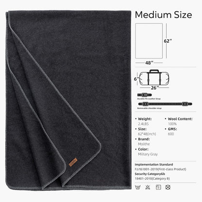 100% Wool Blanket, 48" x 62", Warm, Thick, Washable, Military Wool Blanket, Great for Camping, Outdoors, Sporting Events, Survival Kits