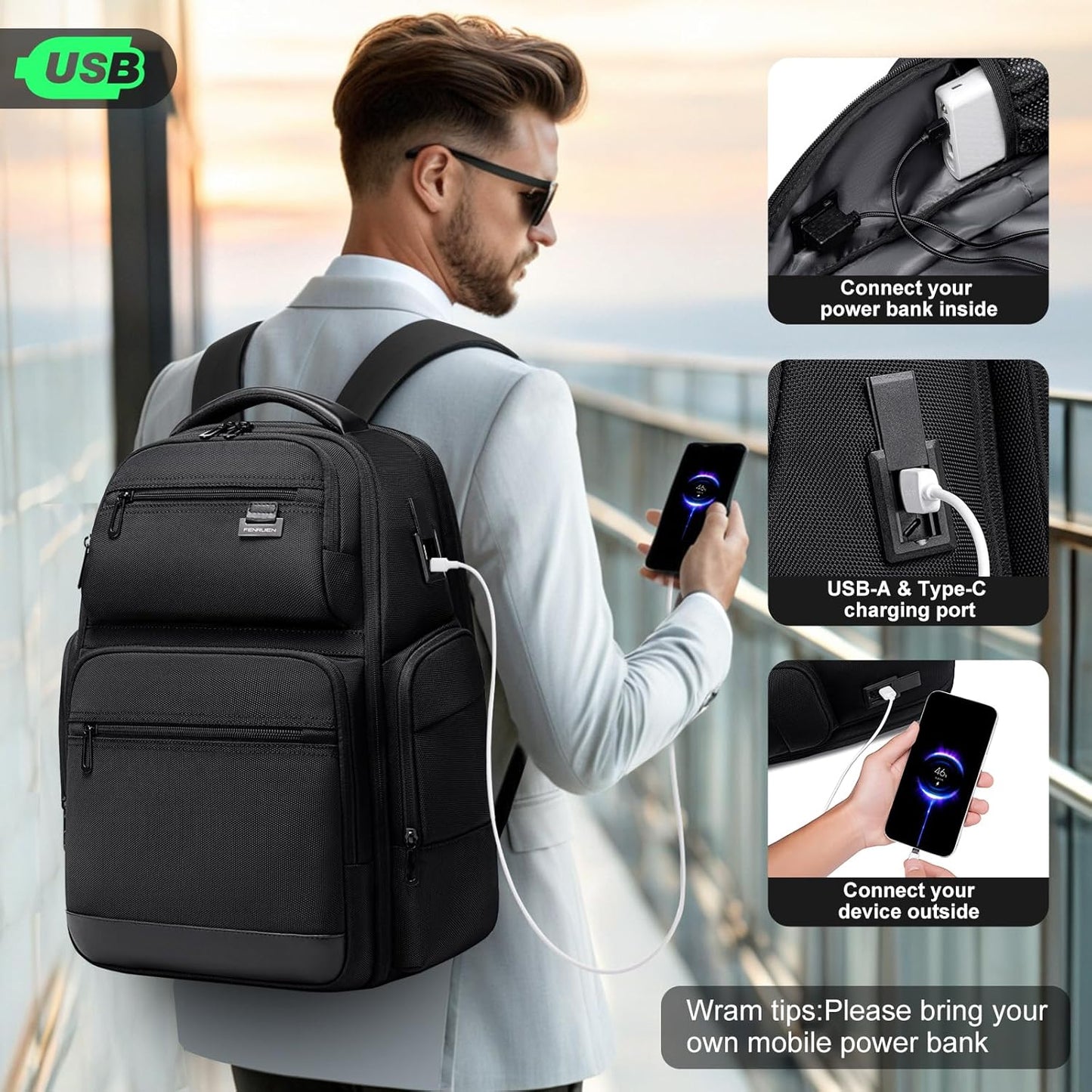 FENRUIEN Business Travel Backpack for Men,Large Capacity Laptop Backpack with USB Charging Port,Multifunctional Water Resistant Expandable Black Bag Fits 15.6 Inch computer