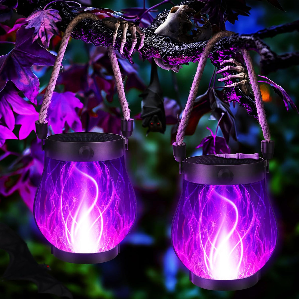 Halloween Solar Flame Lantern Hanging Outdoor Waterproof Purple - 2 Pack Flame Lanterns with Dual Charging Modes of Solar & USB for Garden or Yard Halloween Decorations (Purple - 2 Pack)