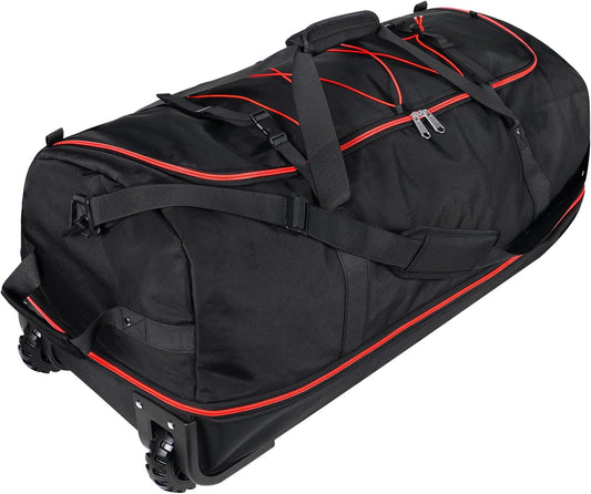 110L/140L Expandable Soft-Sided Foldable Duffle Bag with 2 Rubber Wheels,Packable 32” Rolling Carry-On with Multi-Pockets & Compartments,Black Red