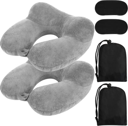 Sintuff 2 Pack Inflatable Travel Pillow for Airplanes Inflatable Neck Flight Pillows with Compact Bag and Blindfold for Traveling, Airplane, Train, Car, Office(Gray)