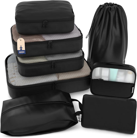 Shacke Premium 8 Packing Cubes Set - Lightweight Mesh Travel Luggage Organizers with Laundry Bag, 8-Piece Suitcase Storage System (Air Black)