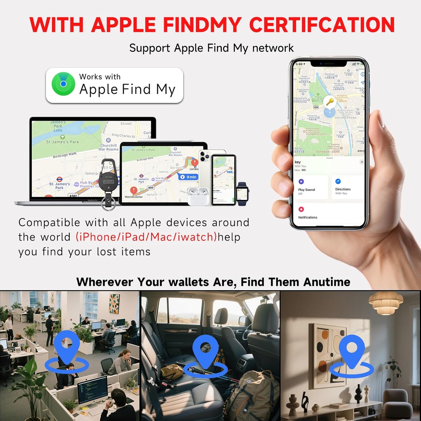 Keychain, Key Finder Works with Apple Find My, llaveros para Hombres,Carabiner Car Key Chains with GPS Tracker, Anti-Lost Keyring Finder Locator, Minimalist Key Holder for Men (iOS Only),Black