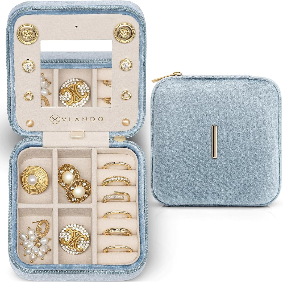 Vlando Valentines Day Gifts for Her, Travel Jewelry Organizer, Necklace Organizer Earrings Organizer Ring Organizer, Jewelry Travel Essentials Travel Gifts for Girlfriend Wife - Letter I, Navy Blue