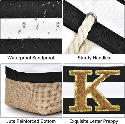 Becokan Beach Bag Initial Beach Tote with Makeup Bag for Travel Work Storage Personalized Birthday Gifts for Women Her