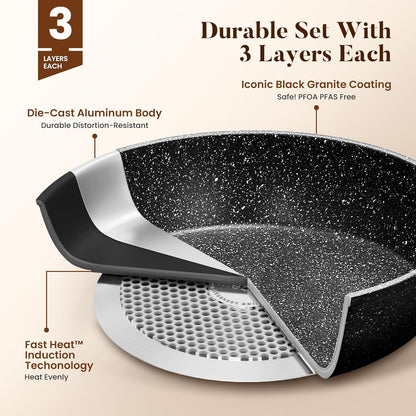 Kitchen Academy Induction Cookware Set-17 Piece Non-stick Cooking Pan Set, Black Granite Pots and Pans Set