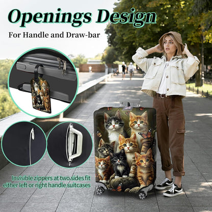Luggage Cover + Tag, Cats Family Travel Suitcase Protector for 18-20 inch Luggage (S) with Concealed Zipper, Washable Elastic Cloth, Dustproof, Anti-Scratch