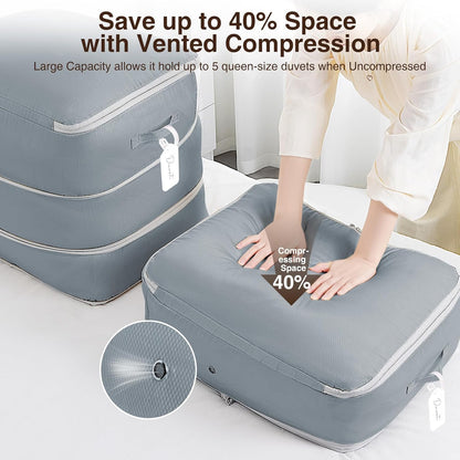 4 Pack Compression Storage Bags - 110L Large Capacity Comforter Storage Bag, 3-Layer Washable Ultra Space Saving Self Compression Organizer Space Bags for Blanket, Sweater, Sheet, Light Gray