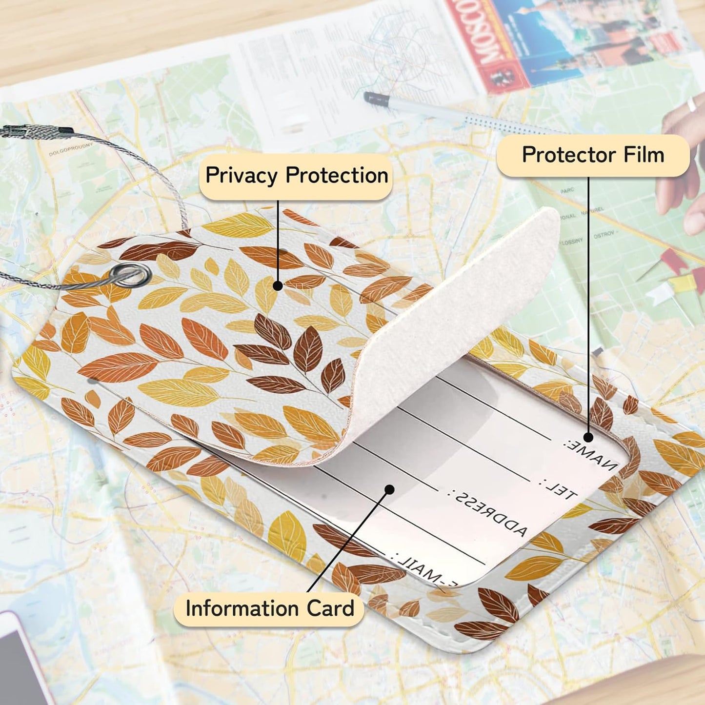 Hello Fall Luggage Tag for Suitcase,Autumn Leaves Design with Privacy Flap Name ID Label Metal Loop, 3 Pack