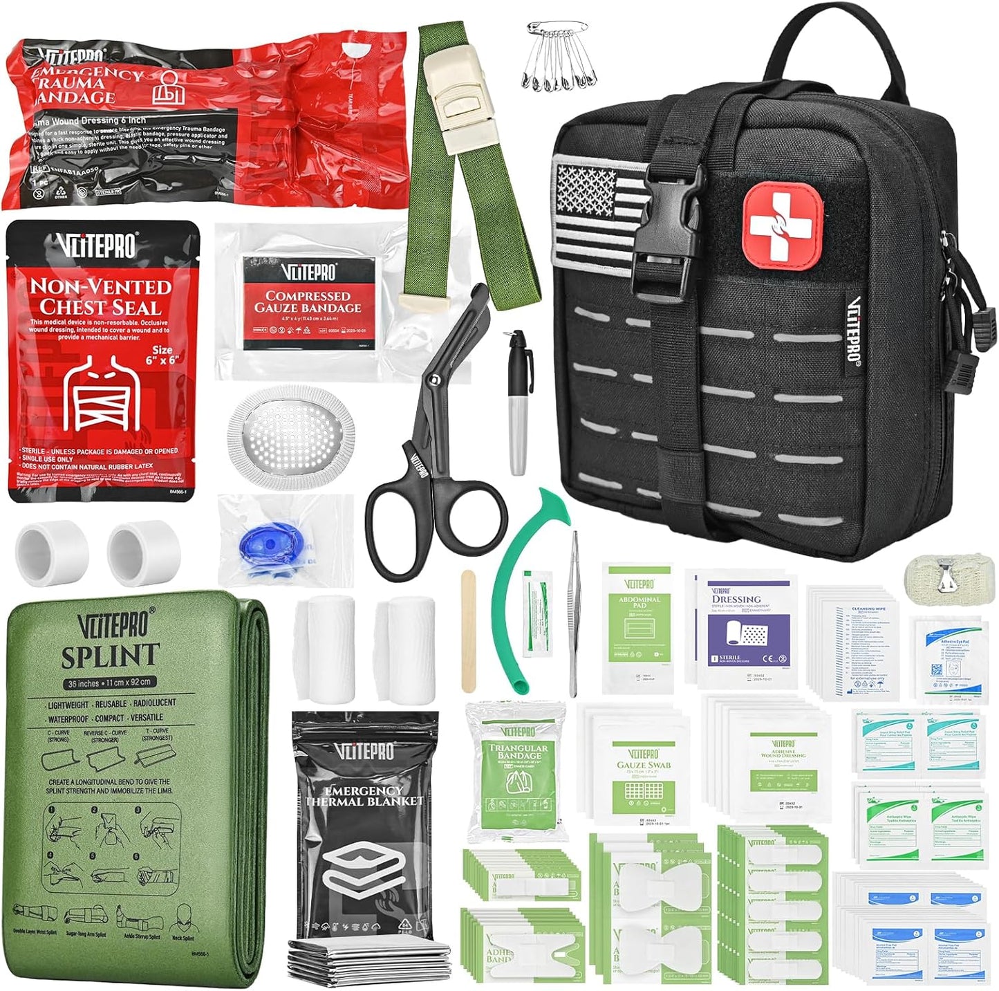 Advanced Trauma First Aid Kit - Emergency Camping Gear with Tourniquet, Compression Bandage, 36" Splint | Portable Survival Gear for Outdoor, Home, Camping- Gift for Husband Dad and Wife-Black